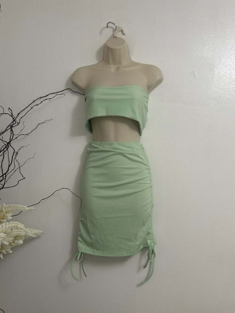 Strapless Mint Green Two-Piece Ribbed Dress Set